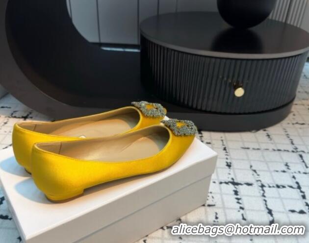 Classic Hot Manolo Blahnik Hangisi Satin Ballerinas Flat with Strass Buckle Yellow 1225034