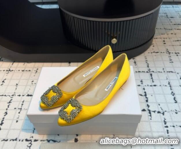 Classic Hot Manolo Blahnik Hangisi Satin Ballerinas Flat with Strass Buckle Yellow 1225034