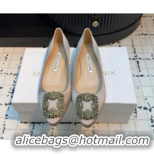 Buy Luxury Manolo Blahnik Hangisi Satin Ballerinas Flat with Strass Buckle Grey 1225035