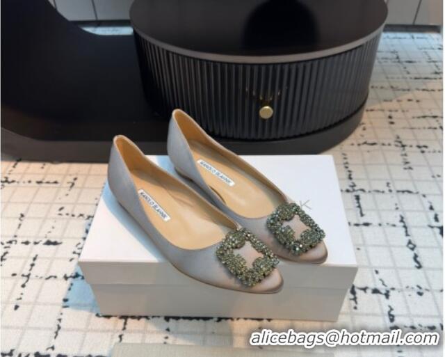 Buy Luxury Manolo Blahnik Hangisi Satin Ballerinas Flat with Strass Buckle Grey 1225035