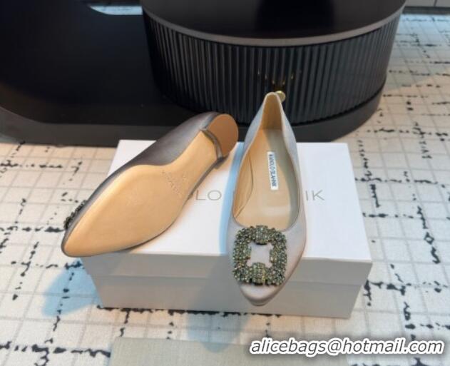 Buy Luxury Manolo Blahnik Hangisi Satin Ballerinas Flat with Strass Buckle Grey 1225035