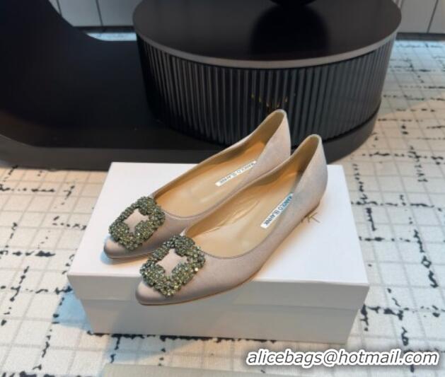 Buy Luxury Manolo Blahnik Hangisi Satin Ballerinas Flat with Strass Buckle Grey 1225035