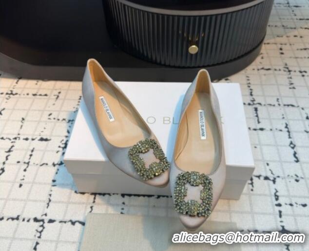 Buy Luxury Manolo Blahnik Hangisi Satin Ballerinas Flat with Strass Buckle Grey 1225035