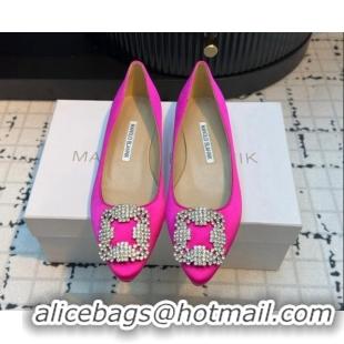 Perfect Manolo Blahnik Hangisi Satin Ballerinas Flat with Strass Buckle Dark Pink 1225036