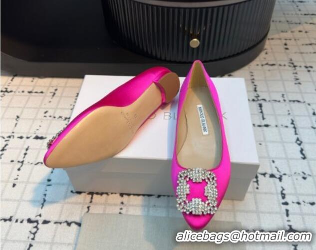 Perfect Manolo Blahnik Hangisi Satin Ballerinas Flat with Strass Buckle Dark Pink 1225036