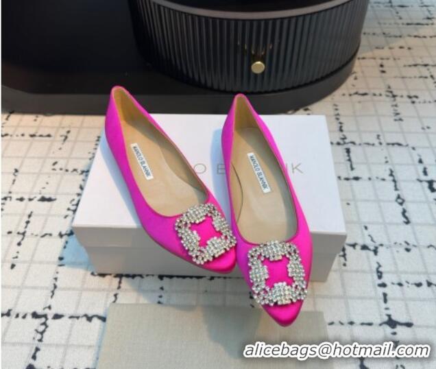 Perfect Manolo Blahnik Hangisi Satin Ballerinas Flat with Strass Buckle Dark Pink 1225036