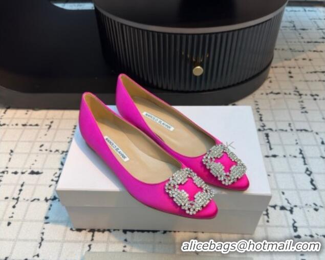 Perfect Manolo Blahnik Hangisi Satin Ballerinas Flat with Strass Buckle Dark Pink 1225036