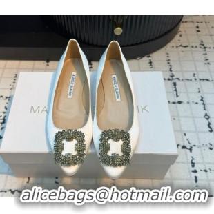 Sophisticated Manolo Blahnik Hangisi Satin Ballerinas Flat with Strass Buckle White 1225037