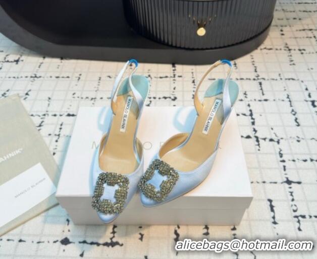 Best Price Manolo Blahnik Hangisi Satin Slingback Pumps 7cm with Strass Buckle Pale Blue 1225039