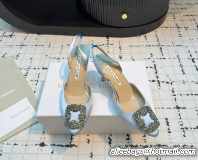 Best Price Manolo Blahnik Hangisi Satin Slingback Pumps 7cm with Strass Buckle Pale Blue 1225039