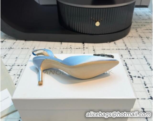 Best Price Manolo Blahnik Hangisi Satin Slingback Pumps 7cm with Strass Buckle Pale Blue 1225039