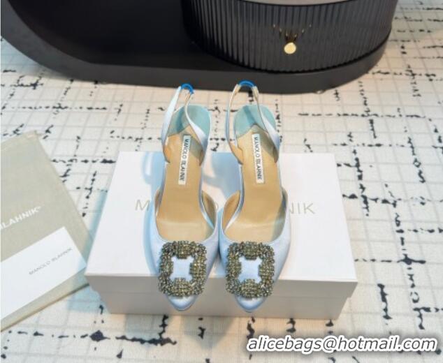 Best Price Manolo Blahnik Hangisi Satin Slingback Pumps 7cm with Strass Buckle Pale Blue 1225039