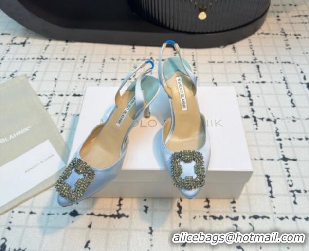 Best Price Manolo Blahnik Hangisi Satin Slingback Pumps 7cm with Strass Buckle Pale Blue 1225039