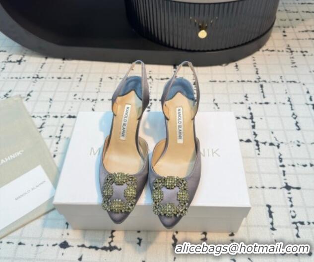 Sumptuous Manolo Blahnik Hangisi Satin Slingback Pumps 7cm with Strass Buckle Dark Grey 1225040