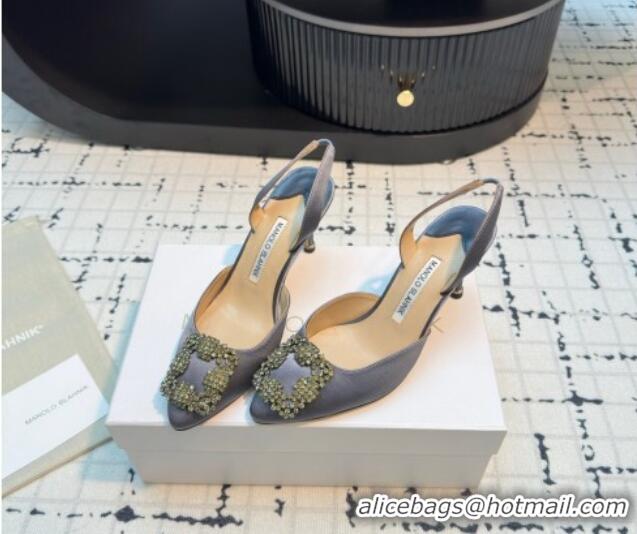 Sumptuous Manolo Blahnik Hangisi Satin Slingback Pumps 7cm with Strass Buckle Dark Grey 1225040