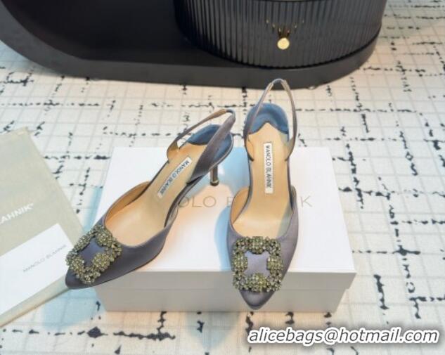 Sumptuous Manolo Blahnik Hangisi Satin Slingback Pumps 7cm with Strass Buckle Dark Grey 1225040