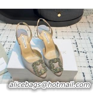 Duplicate Manolo Blahnik Hangisi Satin Slingback Pumps 7cm with Strass Buckle Grey 1225041