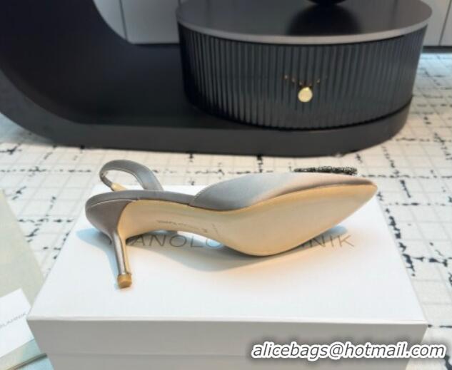 Duplicate Manolo Blahnik Hangisi Satin Slingback Pumps 7cm with Strass Buckle Grey 1225041