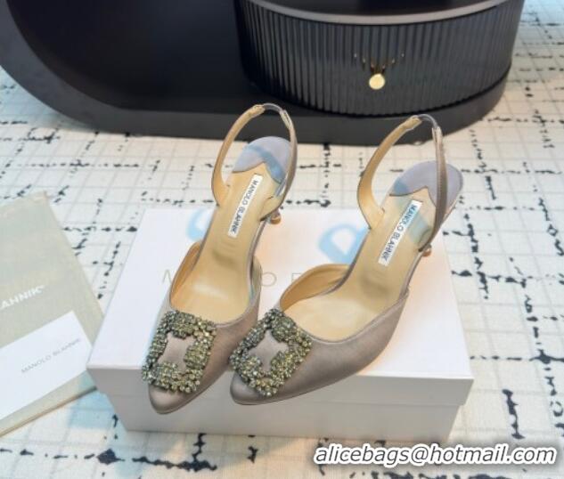 Duplicate Manolo Blahnik Hangisi Satin Slingback Pumps 7cm with Strass Buckle Grey 1225041