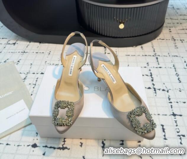 Duplicate Manolo Blahnik Hangisi Satin Slingback Pumps 7cm with Strass Buckle Grey 1225041