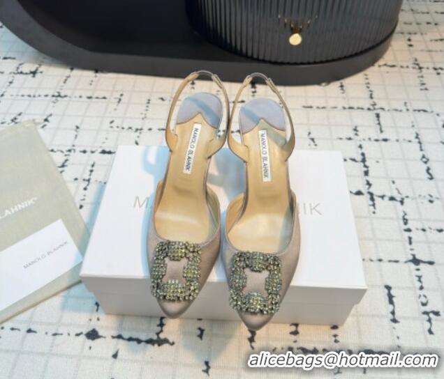 Duplicate Manolo Blahnik Hangisi Satin Slingback Pumps 7cm with Strass Buckle Grey 1225041