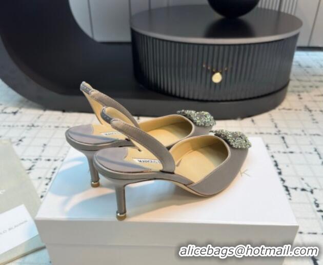 Duplicate Manolo Blahnik Hangisi Satin Slingback Pumps 7cm with Strass Buckle Grey 1225041