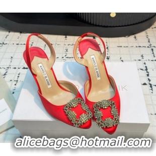 Best Grade Manolo Blahnik Hangisi Satin Slingback Pumps 7cm with Strass Buckle Red 1225042