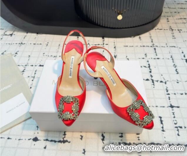 Best Grade Manolo Blahnik Hangisi Satin Slingback Pumps 7cm with Strass Buckle Red 1225042