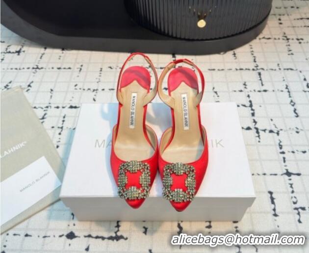 Best Grade Manolo Blahnik Hangisi Satin Slingback Pumps 7cm with Strass Buckle Red 1225042