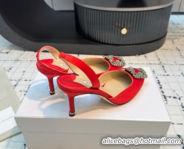 Best Grade Manolo Blahnik Hangisi Satin Slingback Pumps 7cm with Strass Buckle Red 1225042