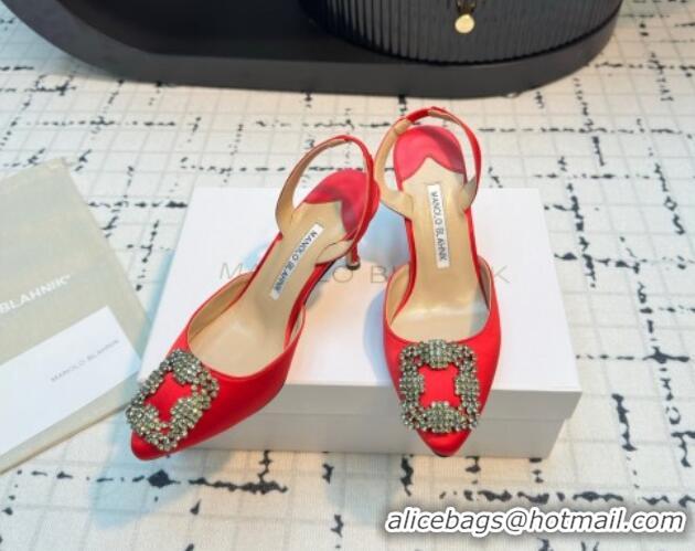 Best Grade Manolo Blahnik Hangisi Satin Slingback Pumps 7cm with Strass Buckle Red 1225042