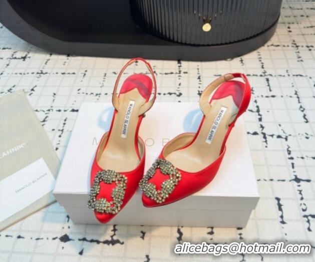 Best Grade Manolo Blahnik Hangisi Satin Slingback Pumps 7cm with Strass Buckle Red 1225042