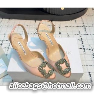 Stylish Manolo Blahnik Hangisi Satin Slingback Pumps 7cm with Strass Buckle Light Pink 1225043