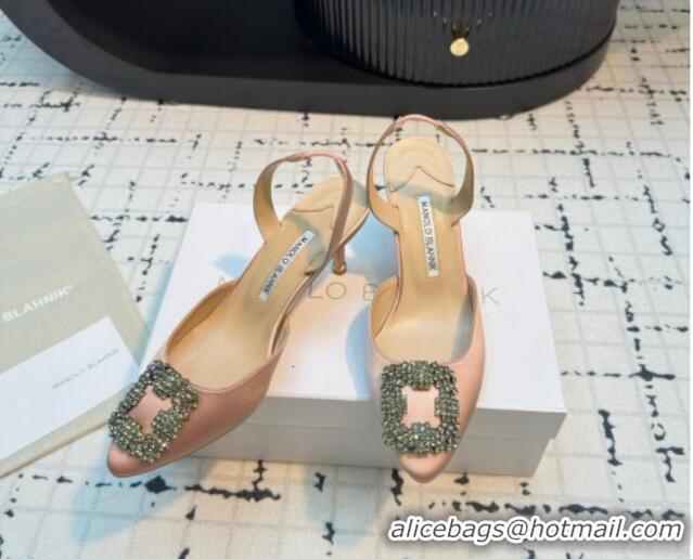 Stylish Manolo Blahnik Hangisi Satin Slingback Pumps 7cm with Strass Buckle Light Pink 1225043