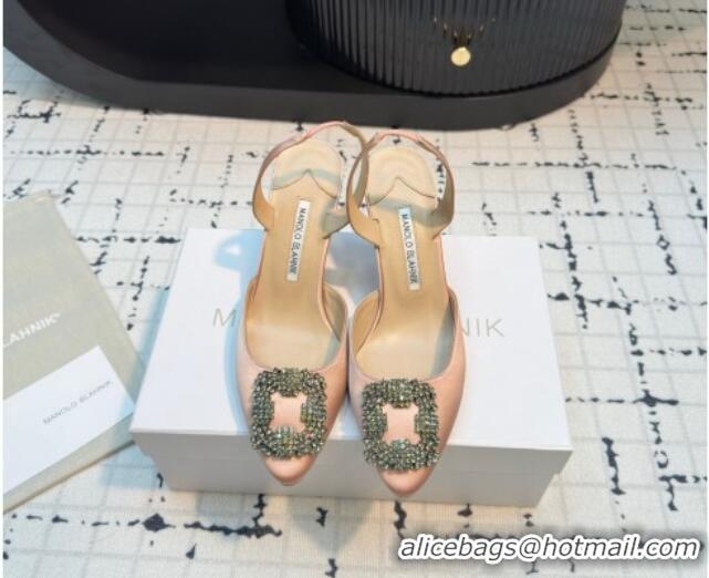 Stylish Manolo Blahnik Hangisi Satin Slingback Pumps 7cm with Strass Buckle Light Pink 1225043