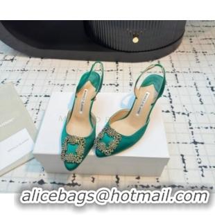 Stylish Manolo Blahnik Hangisi Satin Slingback Pumps 7cm with Strass Buckle Green 1225044