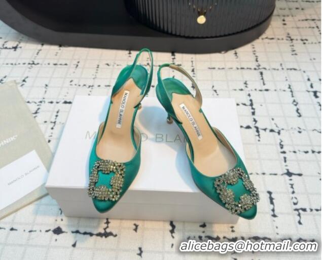 Stylish Manolo Blahnik Hangisi Satin Slingback Pumps 7cm with Strass Buckle Green 1225044