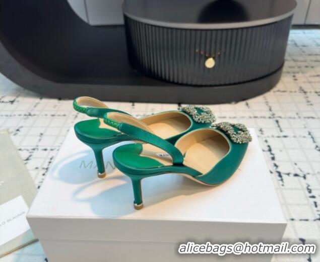 Stylish Manolo Blahnik Hangisi Satin Slingback Pumps 7cm with Strass Buckle Green 1225044