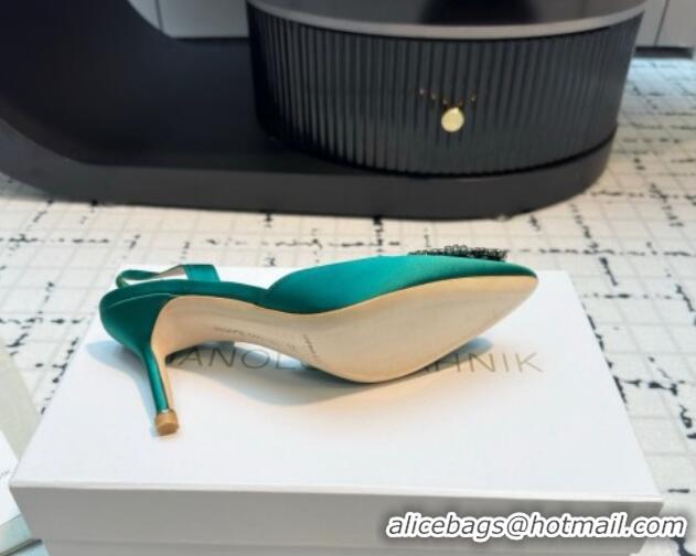 Stylish Manolo Blahnik Hangisi Satin Slingback Pumps 7cm with Strass Buckle Green 1225044