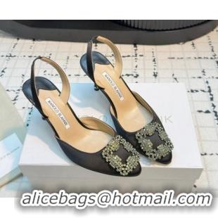 Grade Quality Manolo Blahnik Hangisi Satin Slingback Pumps 7cm with Strass Buckle Black 1225045