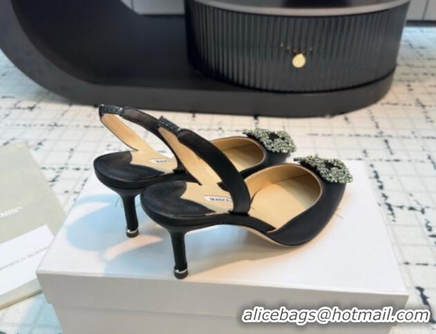 Grade Quality Manolo Blahnik Hangisi Satin Slingback Pumps 7cm with Strass Buckle Black 1225045