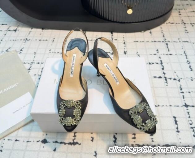 Grade Quality Manolo Blahnik Hangisi Satin Slingback Pumps 7cm with Strass Buckle Black 1225045