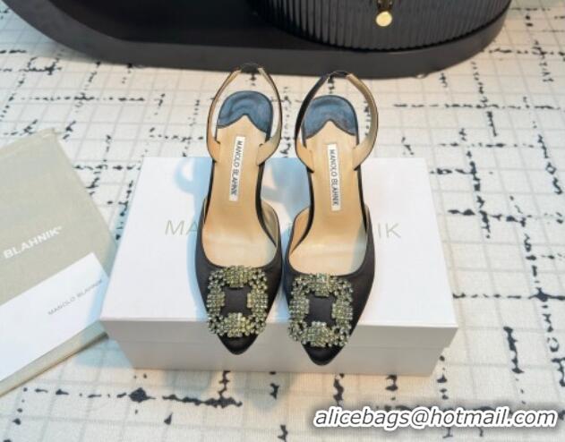 Grade Quality Manolo Blahnik Hangisi Satin Slingback Pumps 7cm with Strass Buckle Black 1225045