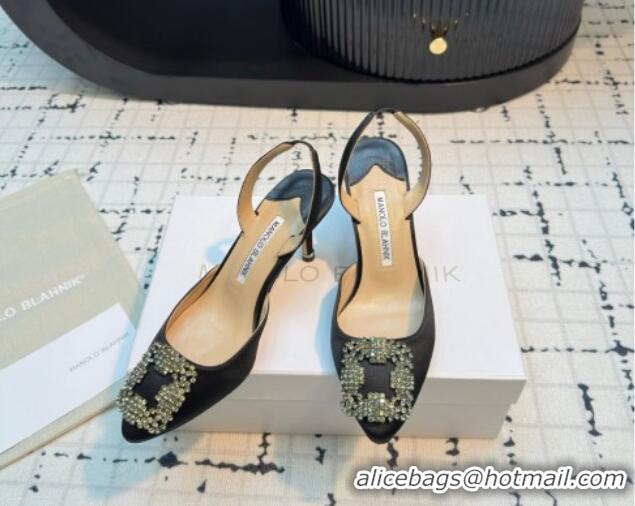 Grade Quality Manolo Blahnik Hangisi Satin Slingback Pumps 7cm with Strass Buckle Black 1225045