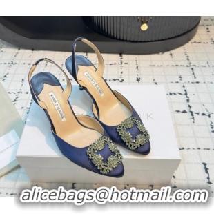 Luxurious Manolo Blahnik Hangisi Satin Slingback Pumps 7cm with Strass Buckle Dark Blue 1225046