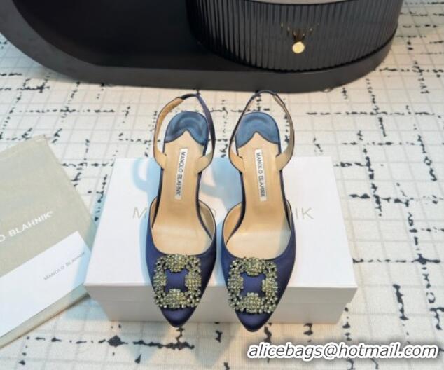 Luxurious Manolo Blahnik Hangisi Satin Slingback Pumps 7cm with Strass Buckle Dark Blue 1225046