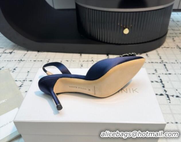 Luxurious Manolo Blahnik Hangisi Satin Slingback Pumps 7cm with Strass Buckle Dark Blue 1225046