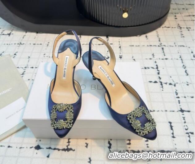 Luxurious Manolo Blahnik Hangisi Satin Slingback Pumps 7cm with Strass Buckle Dark Blue 1225046