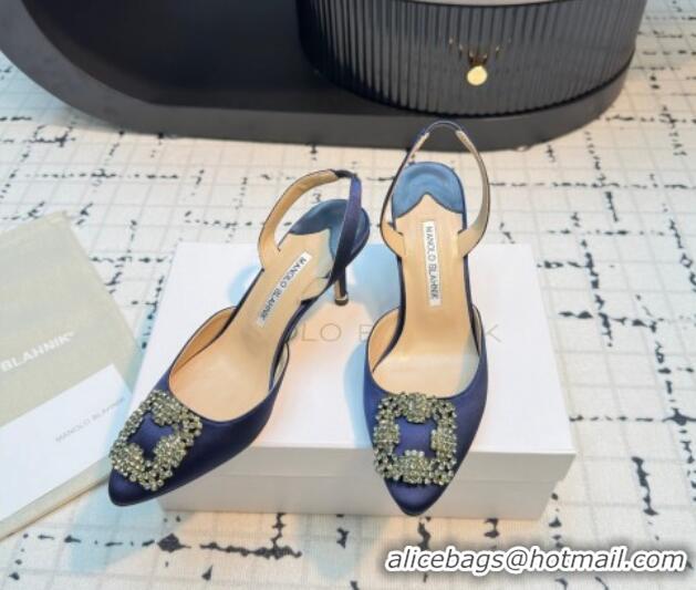 Luxurious Manolo Blahnik Hangisi Satin Slingback Pumps 7cm with Strass Buckle Dark Blue 1225046