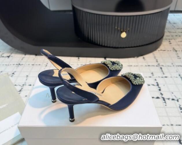 Luxurious Manolo Blahnik Hangisi Satin Slingback Pumps 7cm with Strass Buckle Dark Blue 1225046